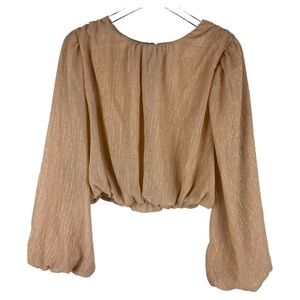 Blu Pepper Tan Long Balloon Sleeve Crop Blouse with Flecks of Gold Threading